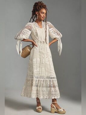 FARM RIO MORADA BOA GUIPURE LACE WHITE MIDI DRESS